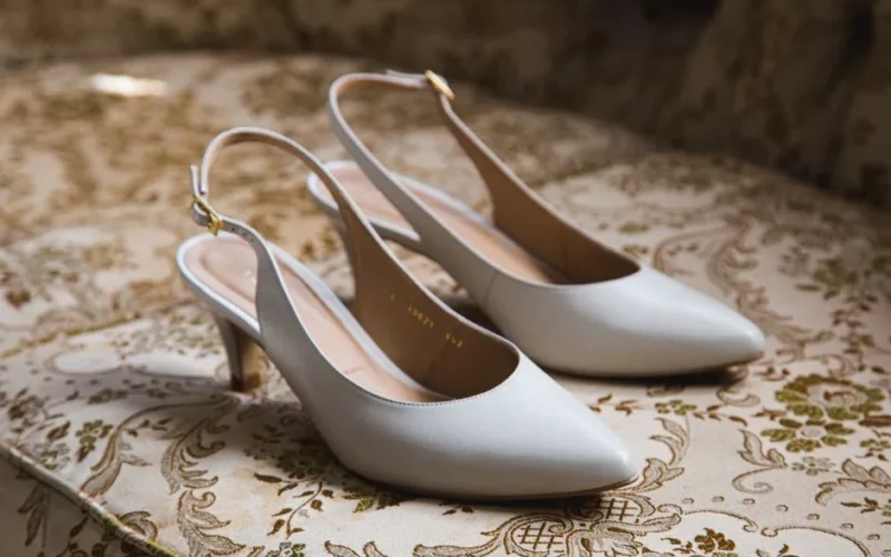 Stylish white high heels elegantly placed on vintage patterned upholstery, perfect for fashion themes.