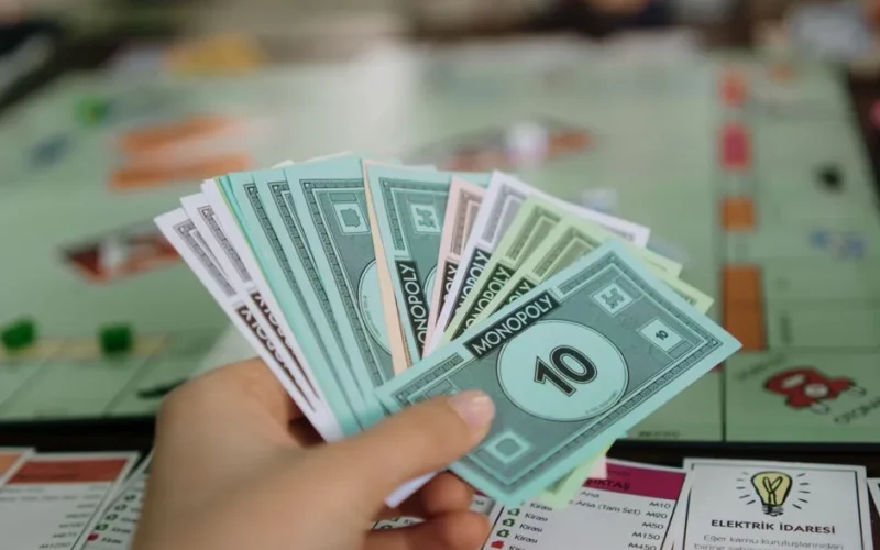 Close-up of a hand holding Monopoly money with board game in the background.
