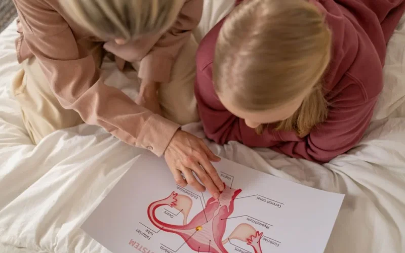Mother and daughter studying reproductive system illustration for sex education at home.