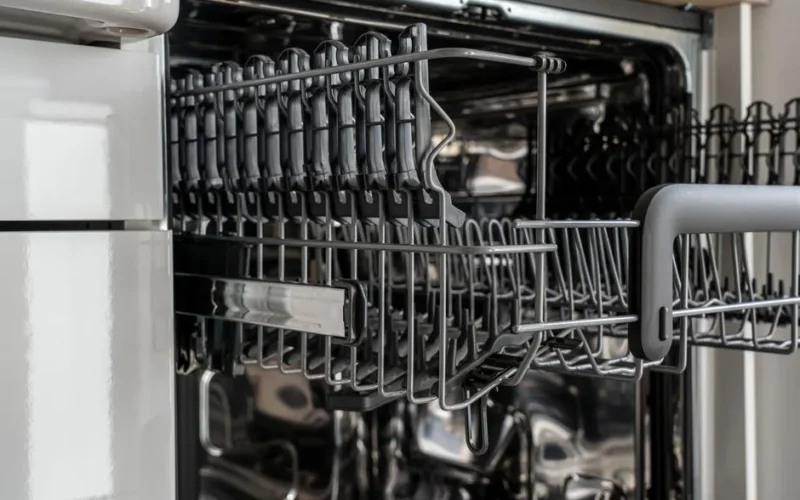 A detailed view of an empty modern dishwasher rack showcasing its stainless steel construction.