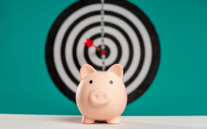 Piggy bank with bullseye dart board symbolizing financial goals and savings.