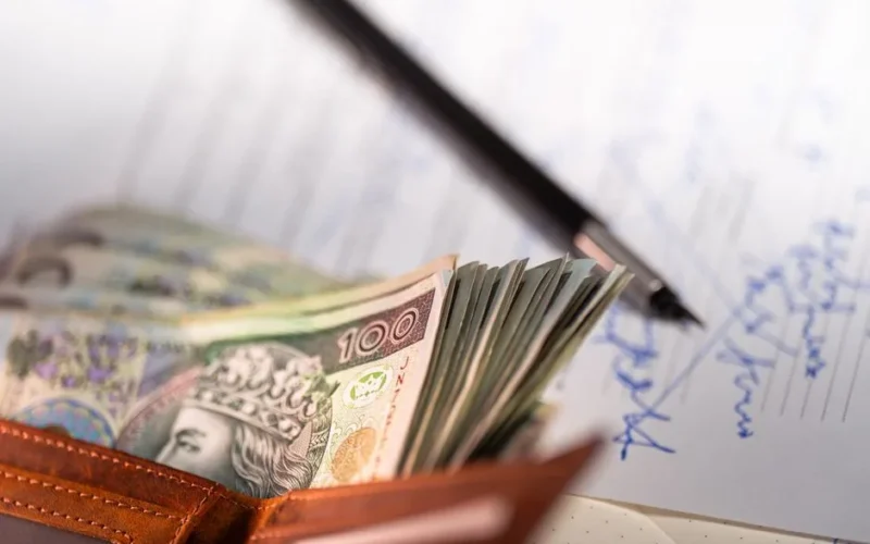 Stack of Polish zloty banknotes with pen and document, financial concept.