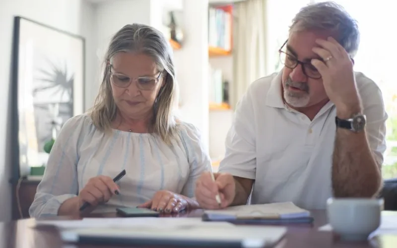 Senior couple calculating expenses at home office desk with documents and notes.