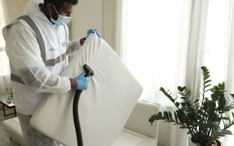 Man in protective gear vacuuming a mattress in a modern home interior.