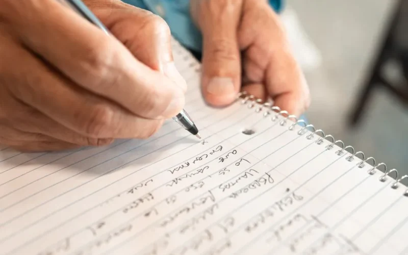Detailed image of hands writing in a notebook, emphasizing creativity and organization.