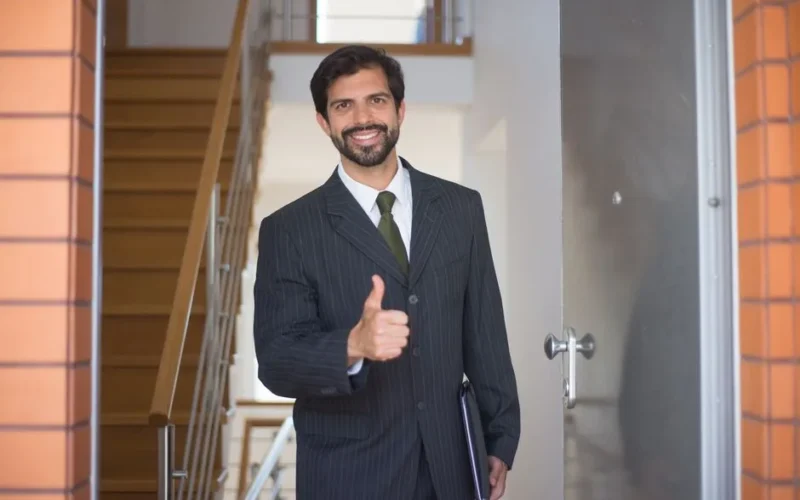 Smiling realtor gives a thumbs up at a modern open house entrance.