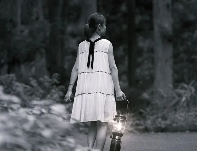 A young girl in a white dress holds a lantern while walking through a forest
