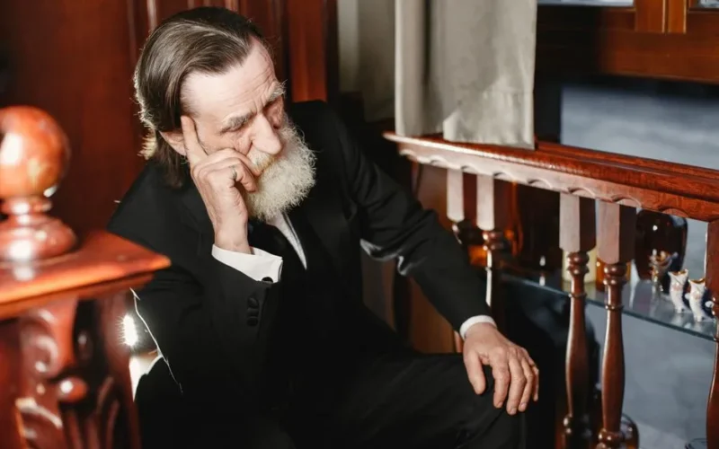 A pensive elderly man with a gray beard in a formal suit sitting indoors, captured in natural light.