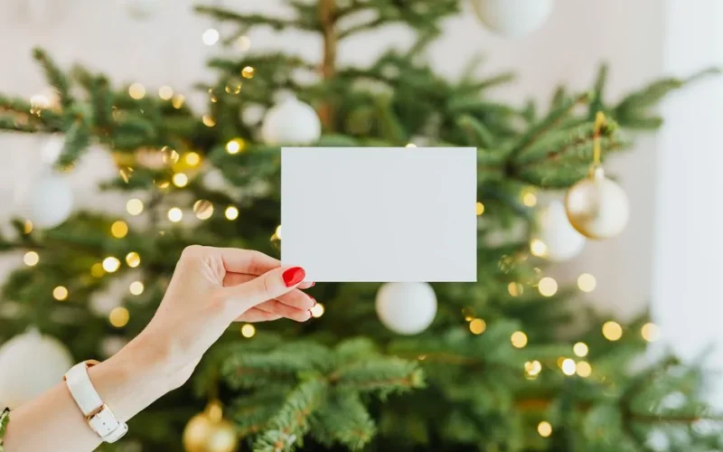 Hand holding a blank card with a decorated Christmas tree in the background, perfect for holiday greetings.