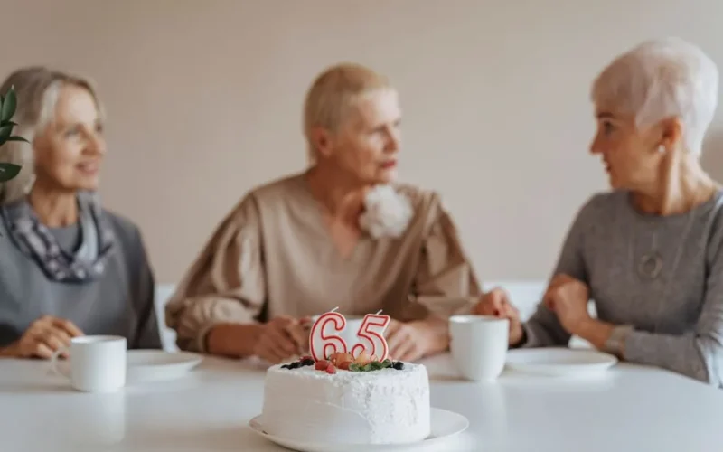 Three senior women celebrate a 65th birthday with cake and coffee indoors.