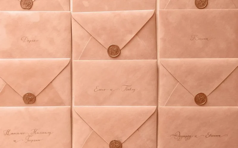 Rows of peach-colored envelopes sealed with wax, featuring elegant calligraphy.