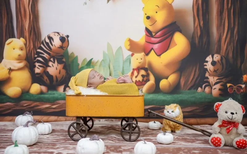 Cute baby asleep in a yellow wagon surrounded by Winnie the Pooh and friends plush toys.