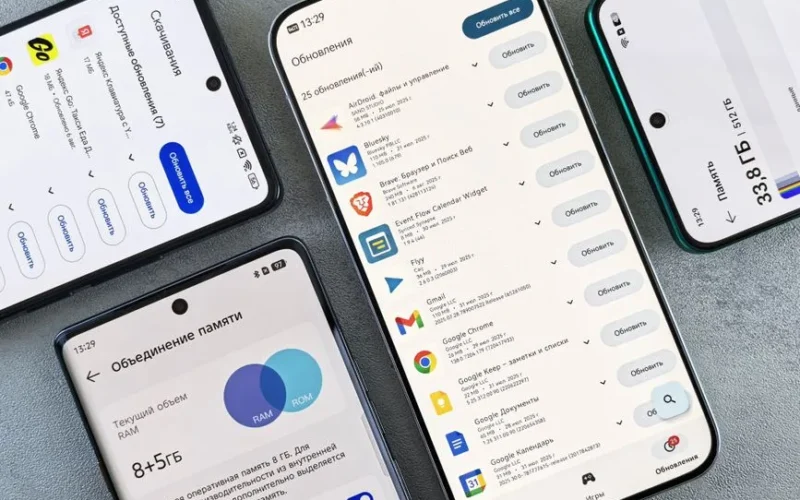 Top view of various smartphones showcasing app update screens indoors.