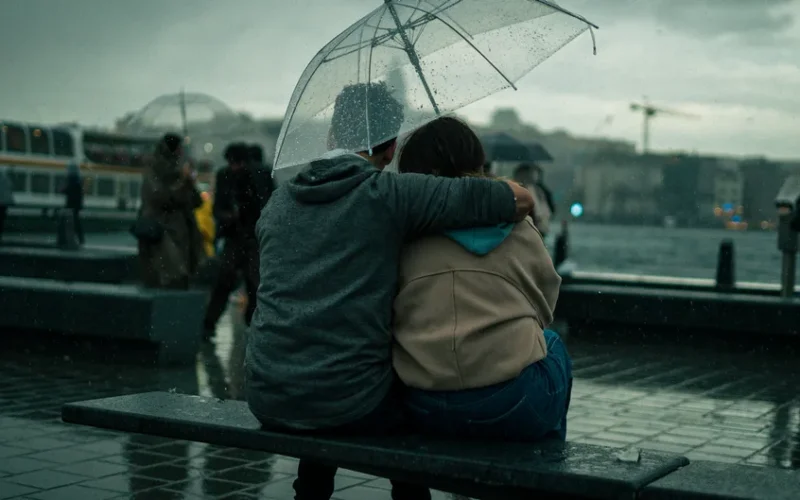 A couple sits close under an umbrella, embracing on a rainy city day.