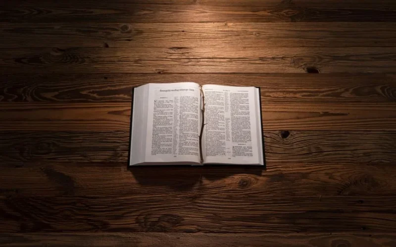An open Bible on a wooden table, softly lit, symbolizing reflection and spirituality.