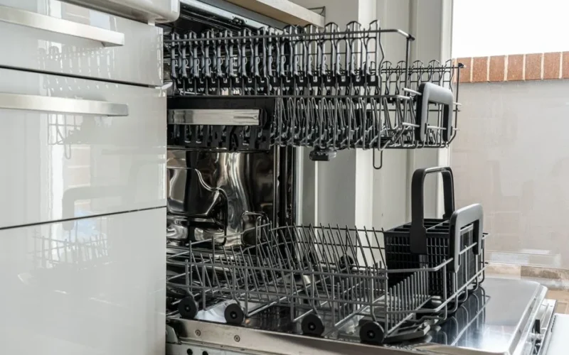 Open and empty dishwasher in a sunlit modern kitchen ready for use.