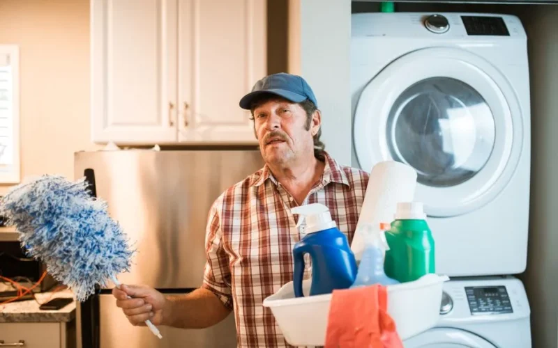 Elderly man in a plaid shirt holding cleaning supplies next to a washer, engaging in chores.