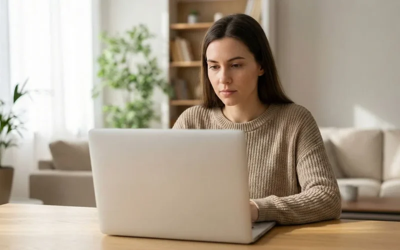 kobieta, laptop, praca w domu, praca zdalna, domowe biuro, nauka online, student, wolny strzelec, cyfrowy nomada, technologia, młody dorosły, koncentruje, codzienny, przytulny, nowoczesne wnętrze, salon, pisanie na maszynie, przeglądanie, wydajność, edukacja, biznes, styl życia, wygodna, ai generowane