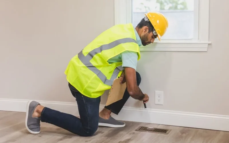 Construction worker conducting a home inspection indoors, using tools near a vent.