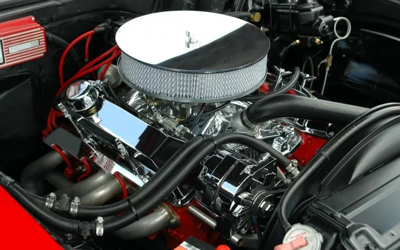 Detailed view of a polished, high-performance car engine showcasing chrome detailing and intricate mechanics.