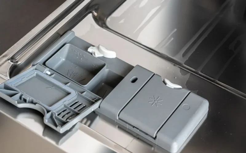 A detailed view of a dishwasher detergent compartment with soap residue.
