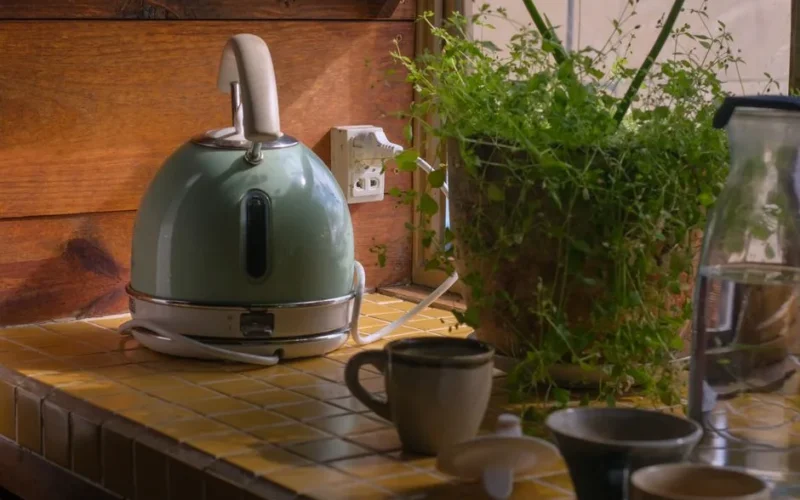 A warm kitchen setup with an electric kettle, potted plant, mugs, and tiled counter.