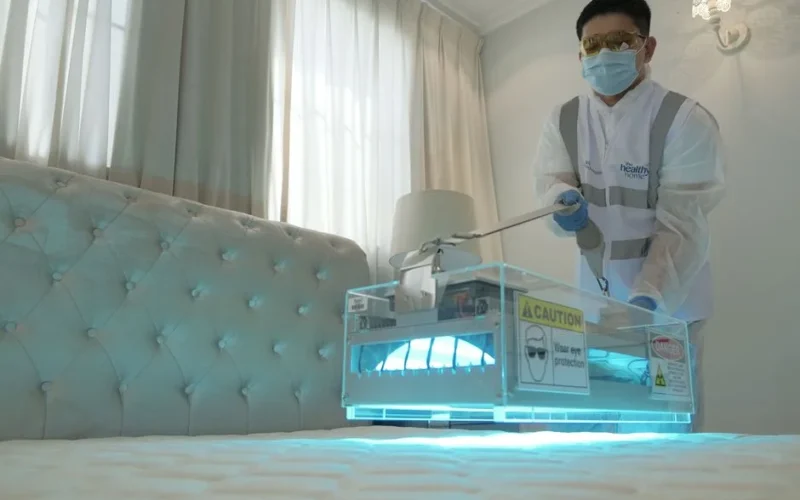 Technician sanitizing hotel room bed with UV light for safe and clean environment.