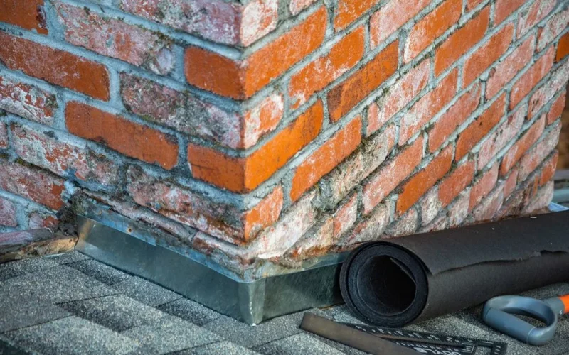 Detailed view of a brick chimney featuring construction tools and materials for repair.
