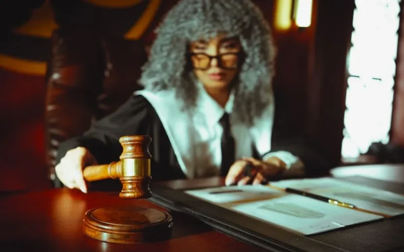 A judge in a courtroom holding a gavel, focused on legal documents.