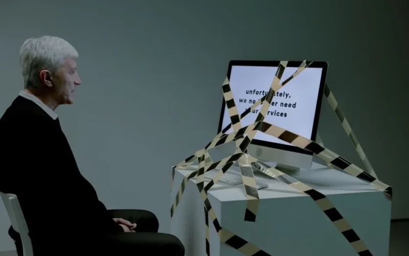 Elderly man confronted with job loss message on computer, symbolizing rejection.