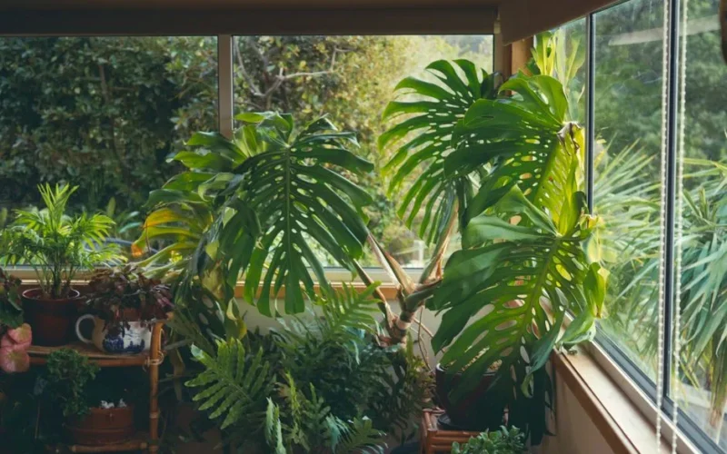 Cozy indoor garden featuring vibrant monstera plants and lush greenery by a bright window.